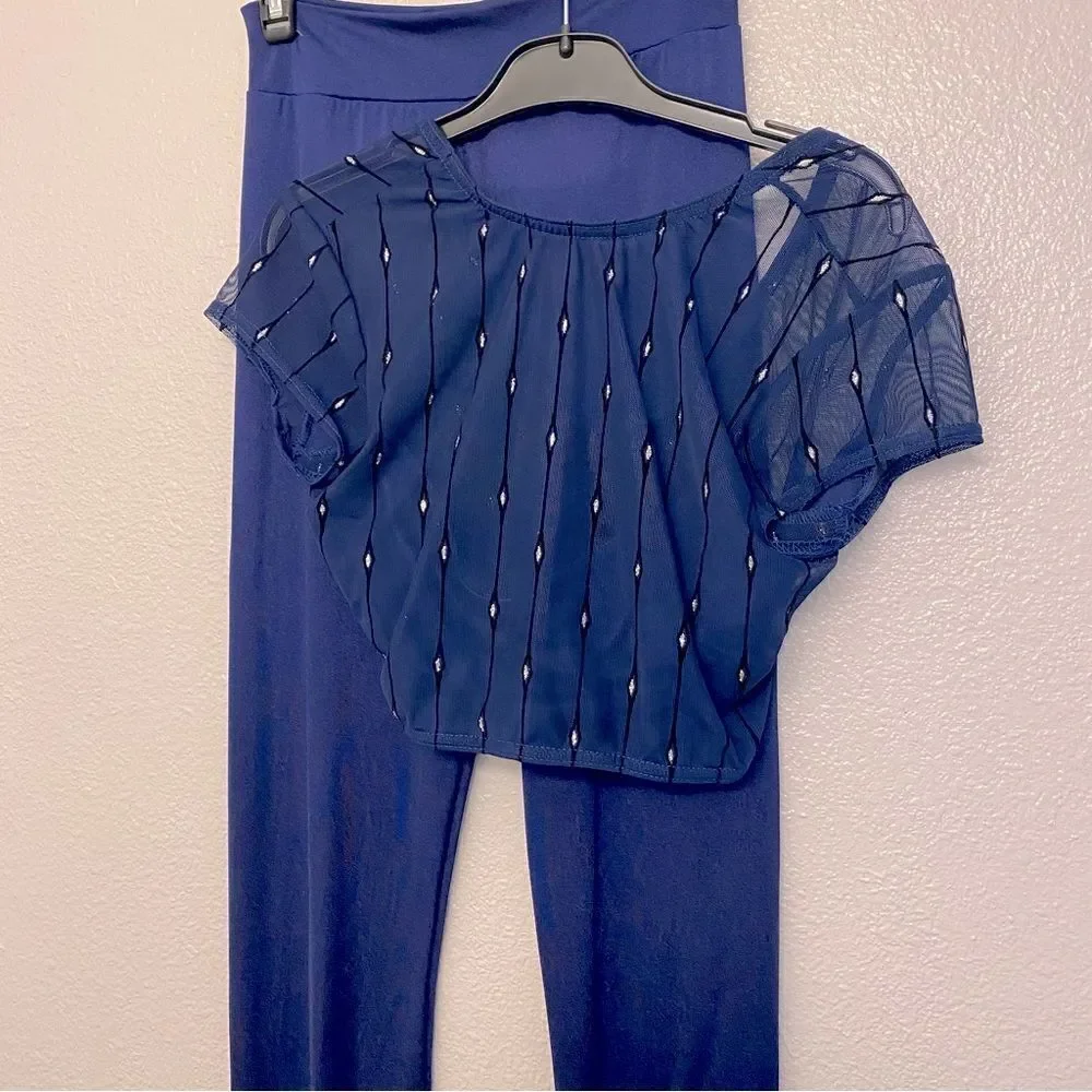 Kelle dance 2 piece blue mesh flocked crop top leggings pants light switch MA